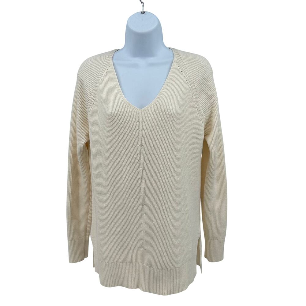 Athleta Sweater WMNS S Cream Ribbed V Neck Lightweight Knit Soft Minimalist